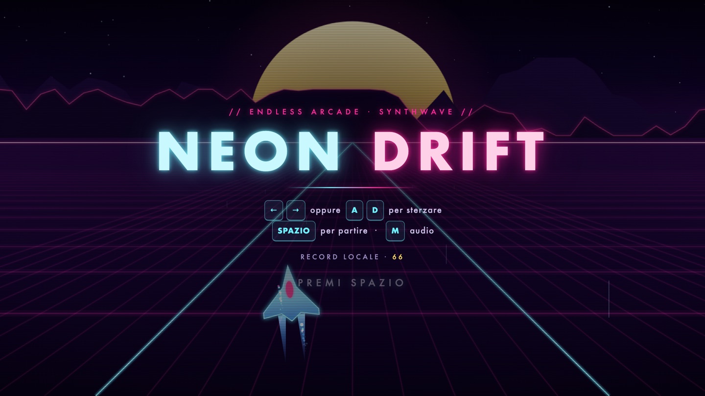 Neon Drift: una navicella su una griglia neon in prospettiva, con sole e montagne all'orizzonte